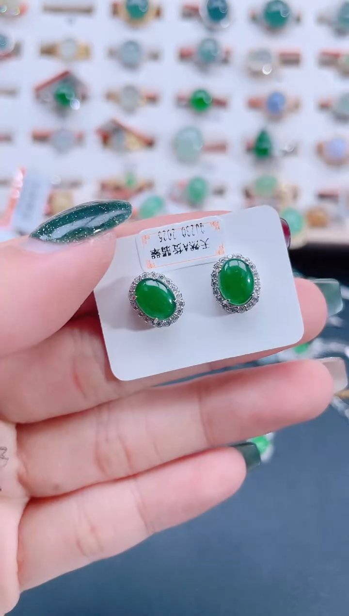 银S925镶嵌翡翠耳饰天然翡翠