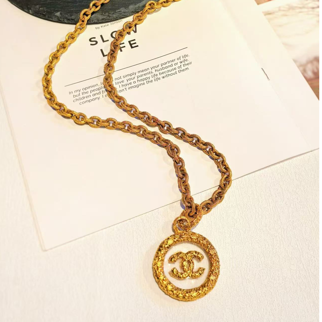 95新 Chanel/香奈儿 中古熔岩镜面圆盘双C项链/MJ5115