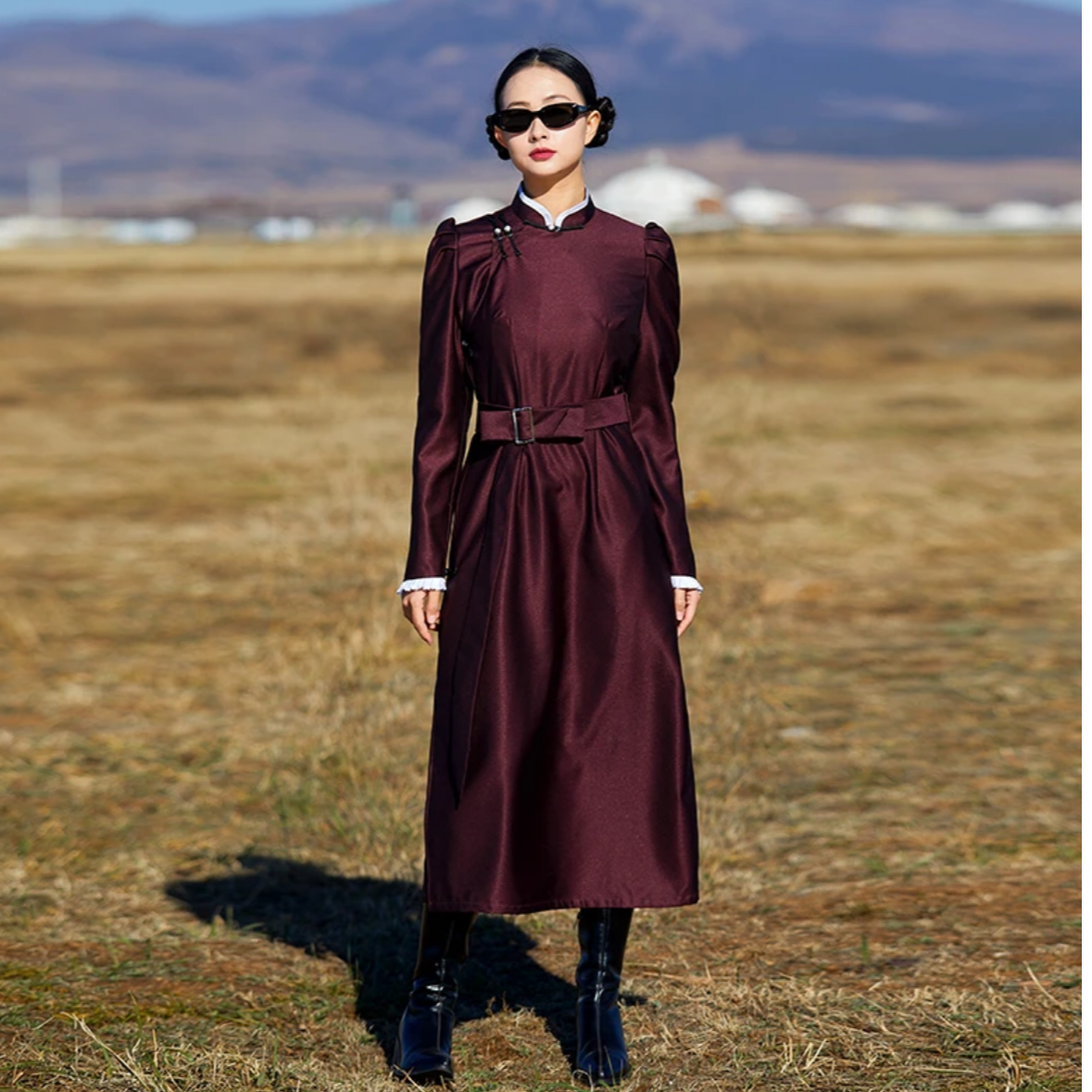 Adiyabrand时尚蒙古袍现代民族风连衣裙子长裙花边蒙古出游服装女