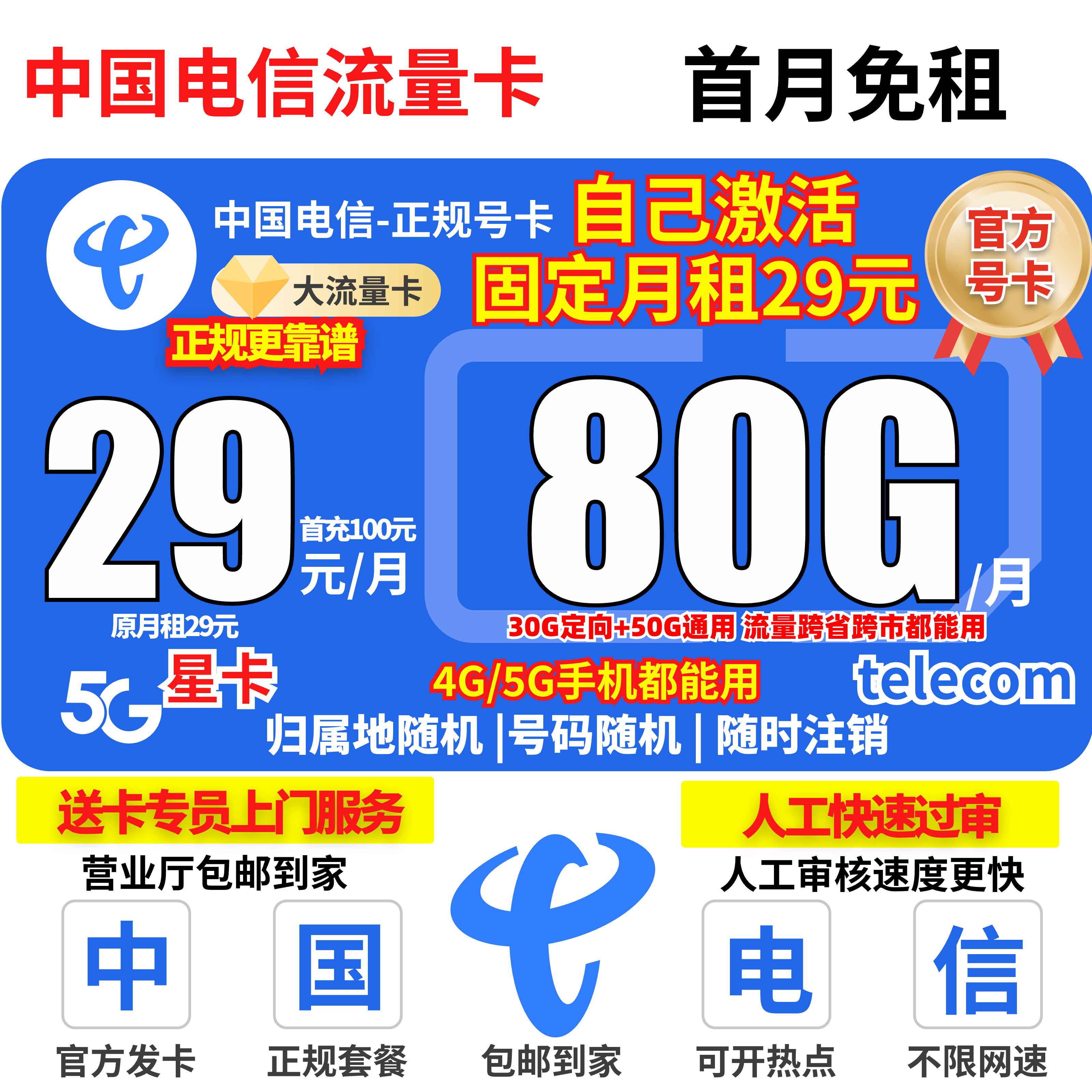【全国发货】中国电信大流量卡手机卡电话卡5G电信星卡可自己激活