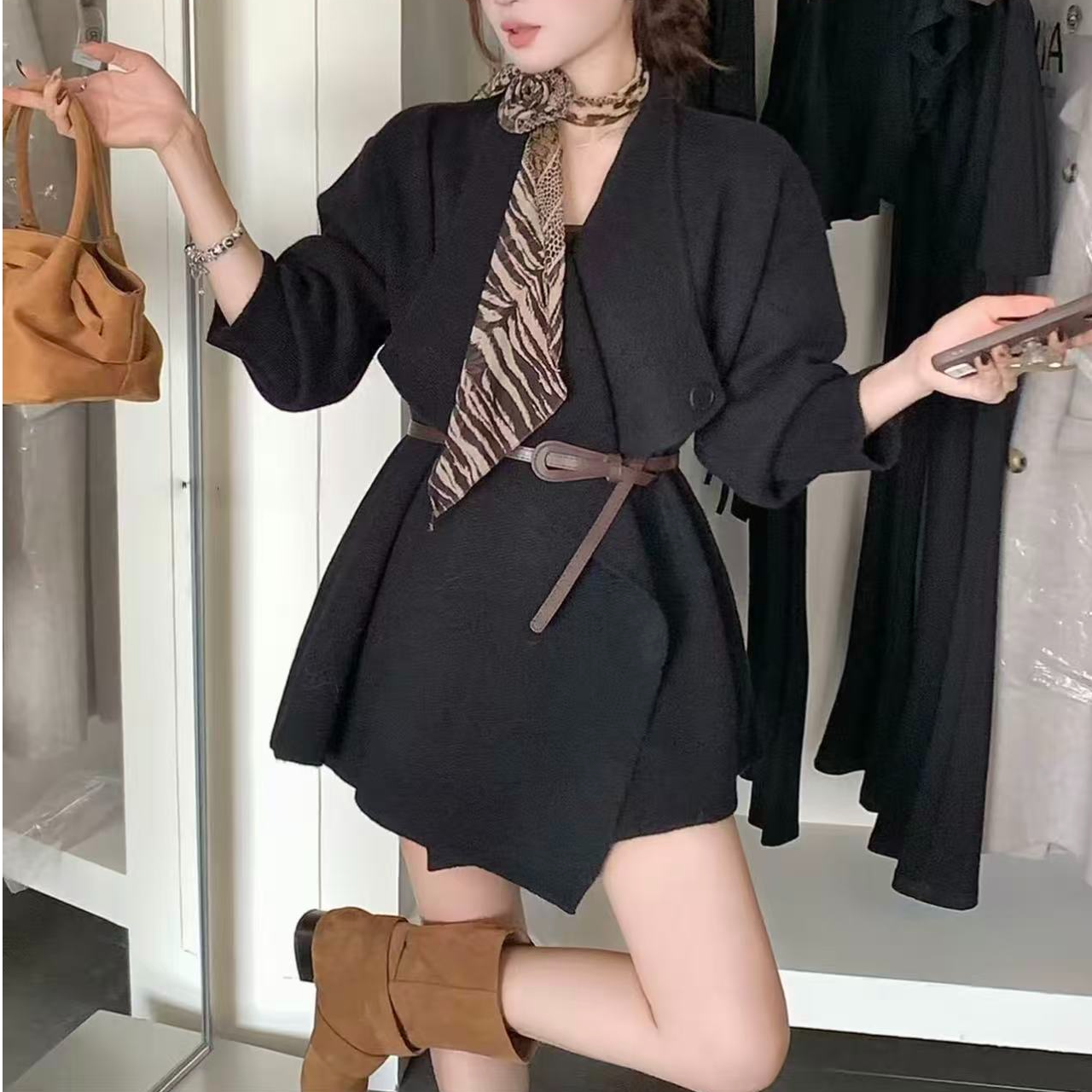 韩版纯欲风秋冬新款高级感法式翻领气质不规则女士开衫风衣配腰带