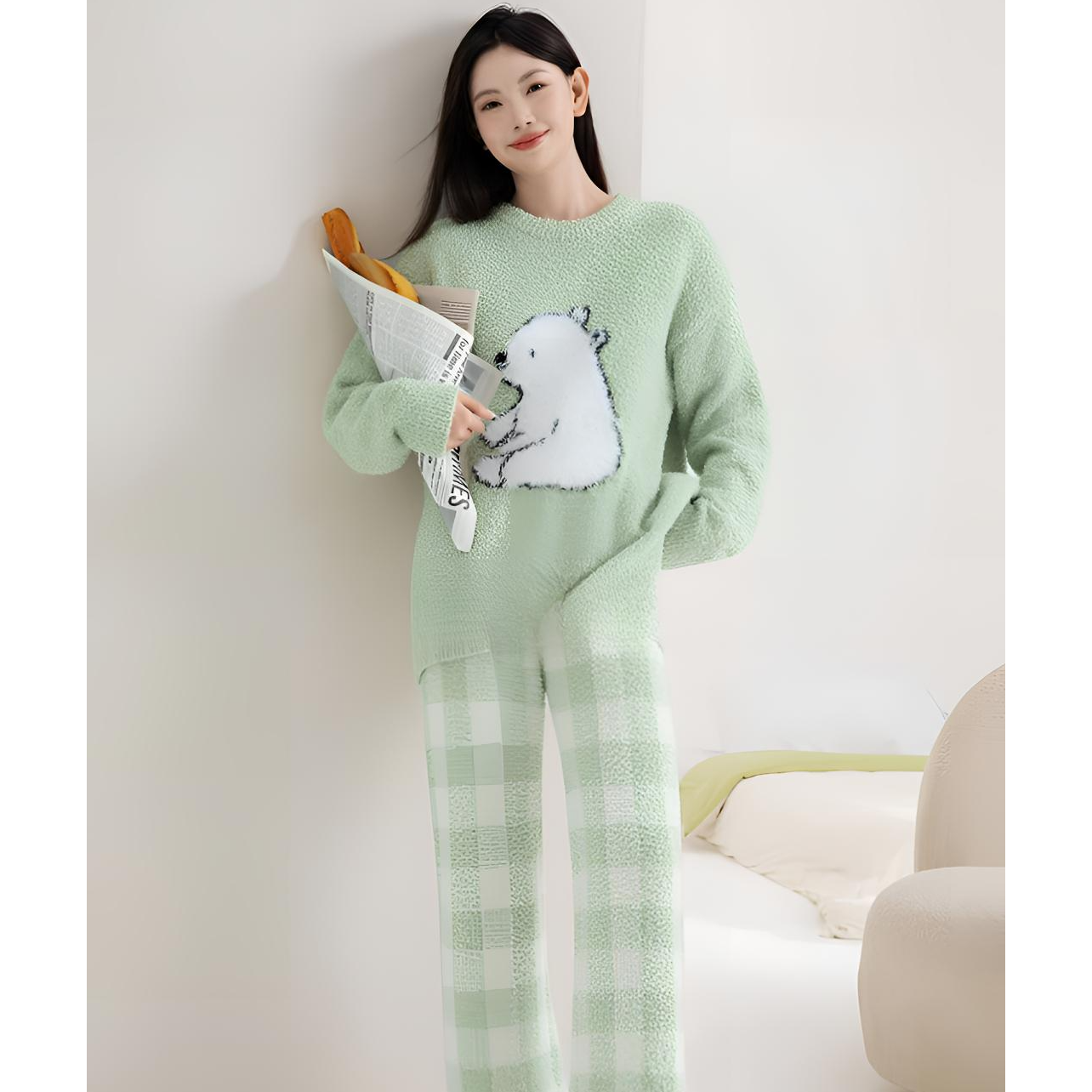 半边绒秋冬季保暖家居睡衣毛绒时尚可外穿女士睡衣