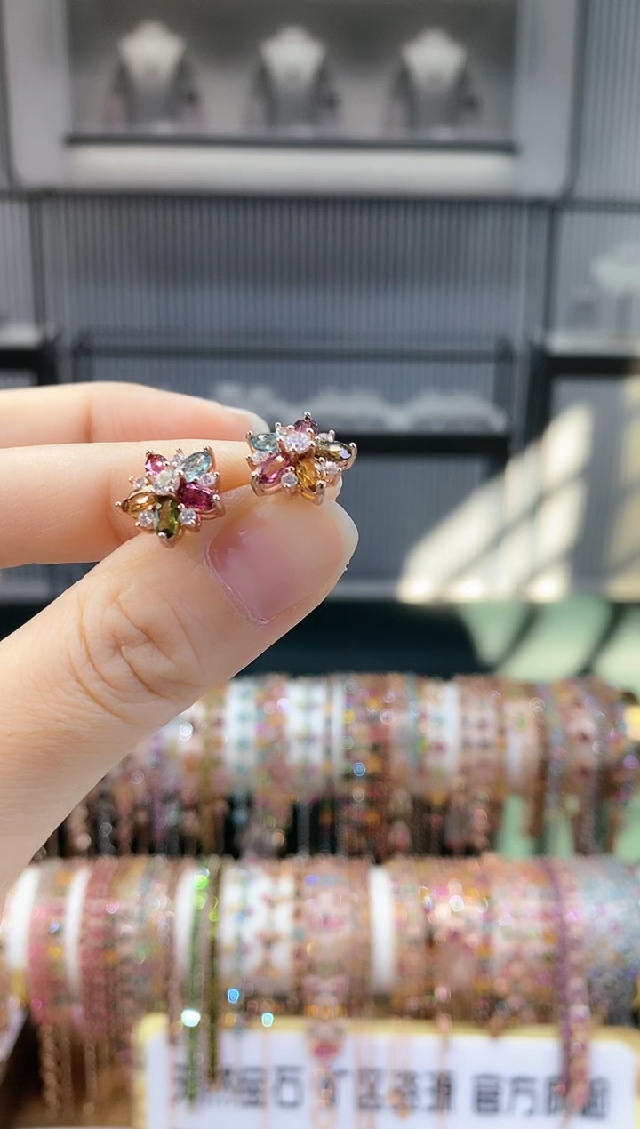 银S925镶嵌耳钉碧玺静*666666666