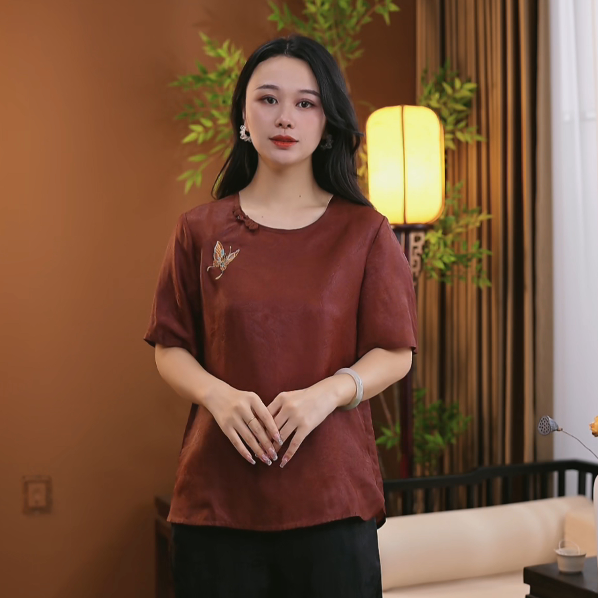 夏季新中式桑蚕丝短袖女时尚显瘦百搭中国风上衣女S071