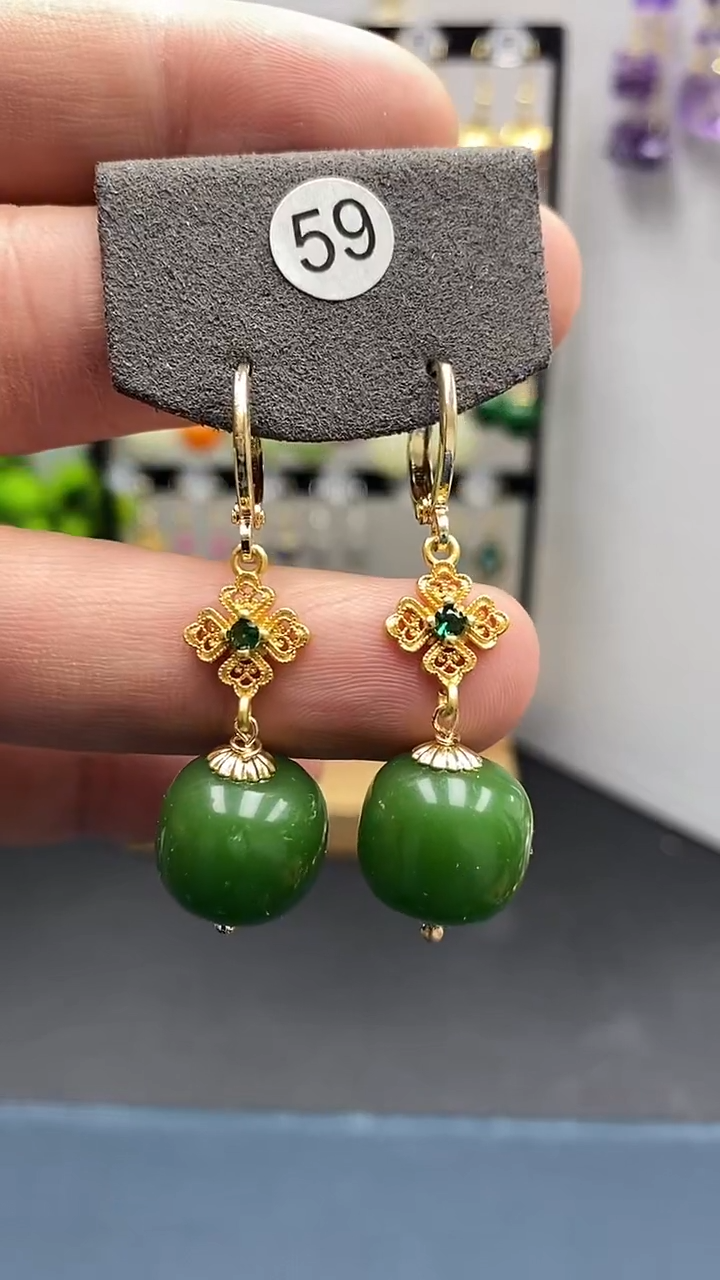 【闪购商品】和田玉耳饰银S925镀金镶嵌尺寸14mm桶珠耳扣