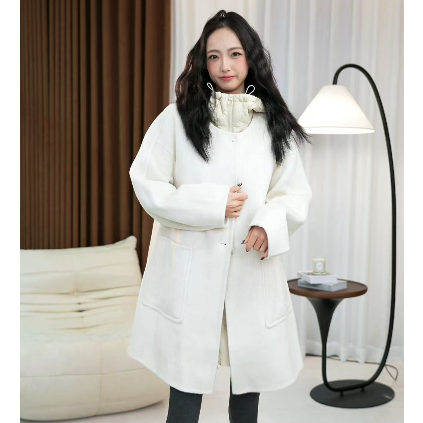 【麦子】毛呢外套双面宽松型两件套90白鸭绒羽绒服