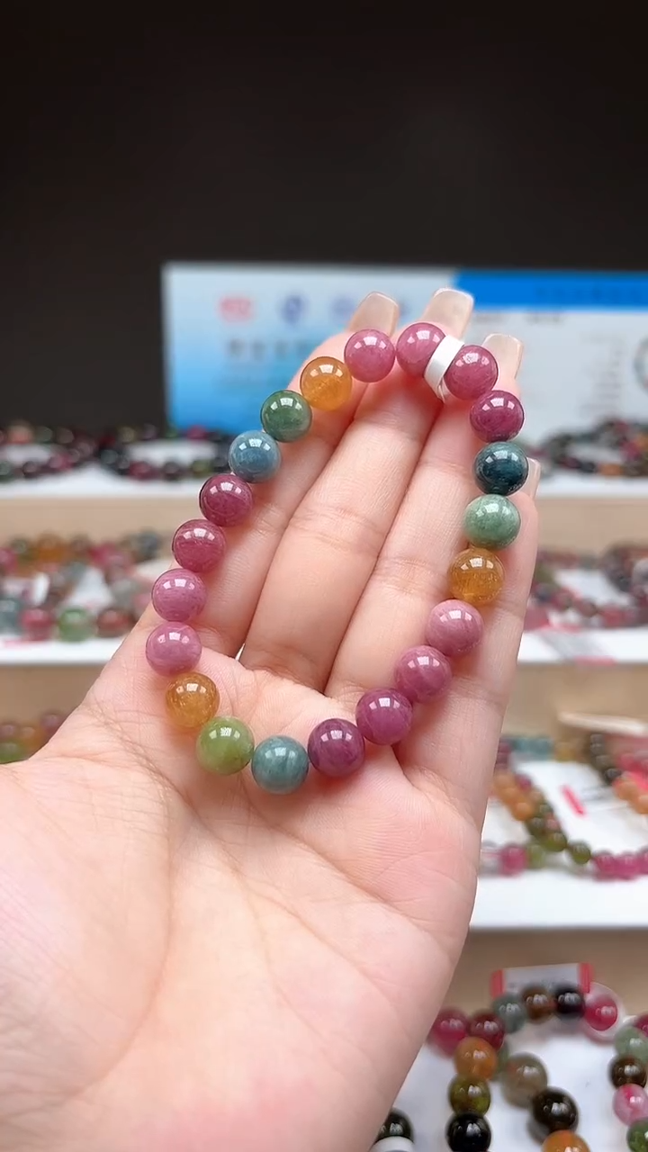 【闪购商品】碧玺手串未镶嵌8.9mm明亮彩虹色高阶油画体单圈手串