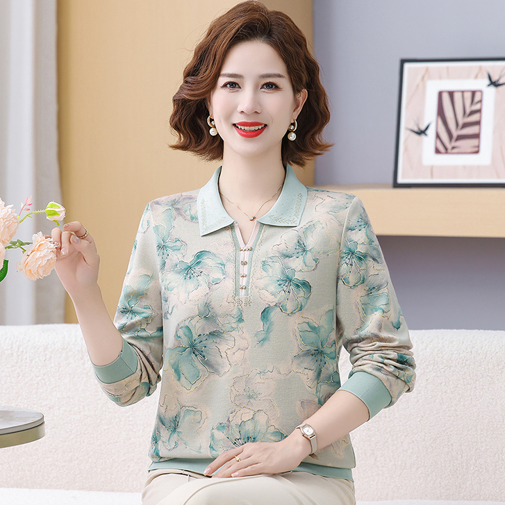 时尚妈妈装春秋新款长袖T恤中年洋气女装翻领气质减龄宽松打底衫