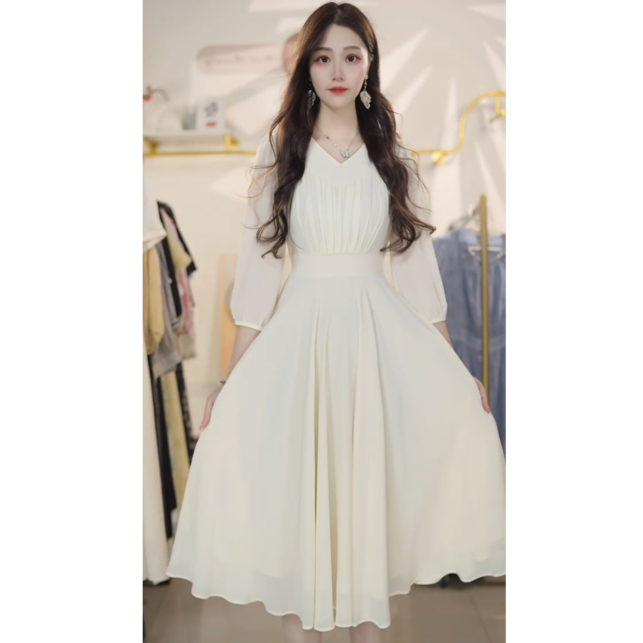 纯色V领九分袖连衣裙女2025秋季收腰显瘦中长款a字裙子Y548089