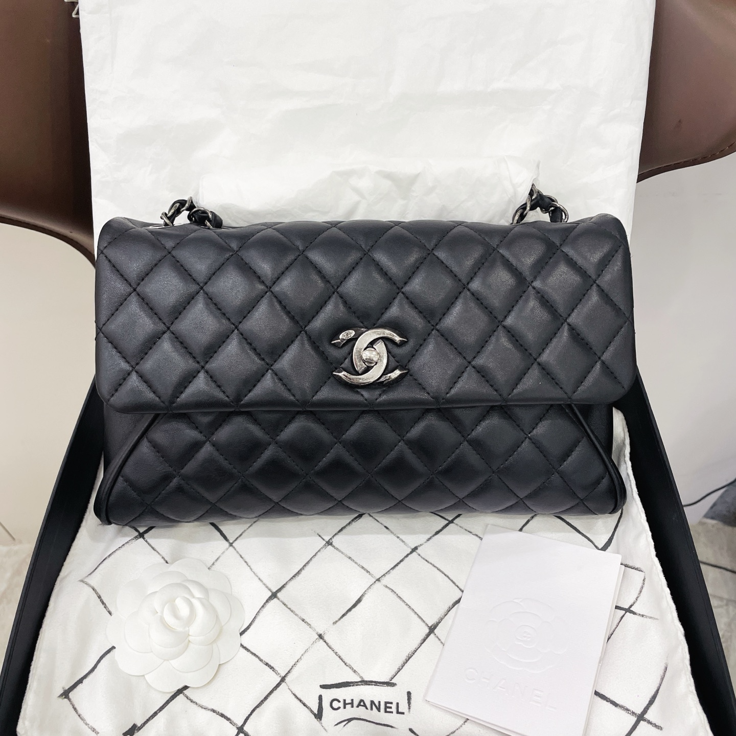 95新 Chanel/香奈儿 黑色复古银扣 机场单肩斜挎包