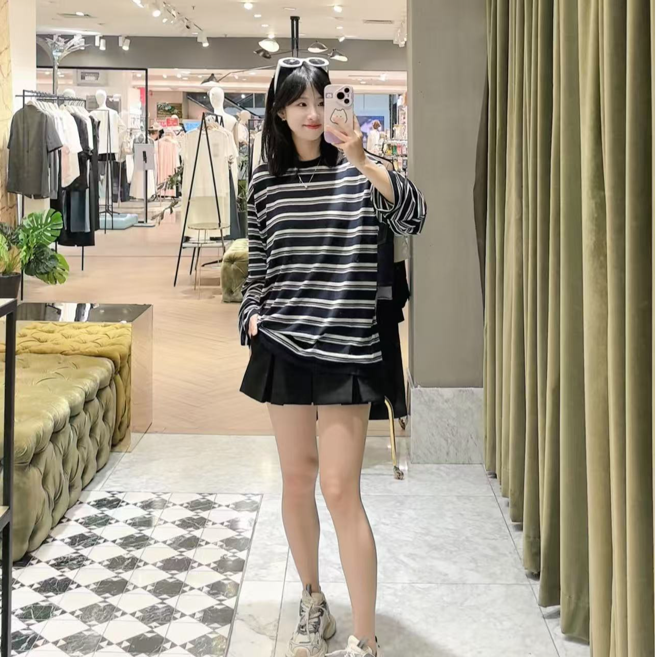 女士深蓝针织多条圆领长袖秋季