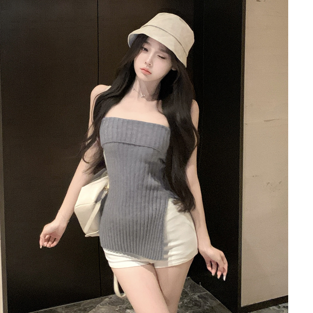 一字肩针织抹胸上衣秋冬设计不规则开叉背心百搭阔腿牛仔裤子套装