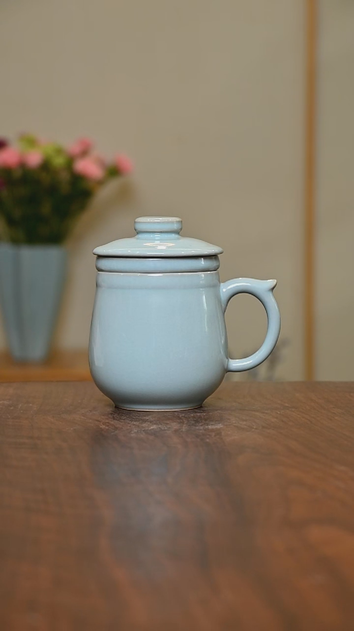 茶水分离杯 天青 微瑕 朱家汝窑款
