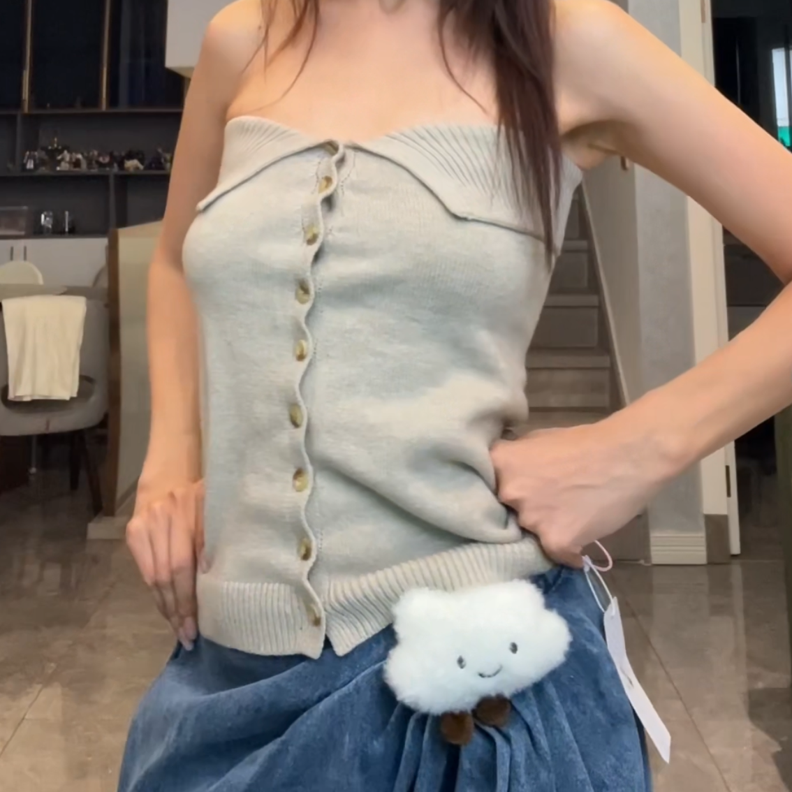 冬季新款米色抹胸两穿半身裙