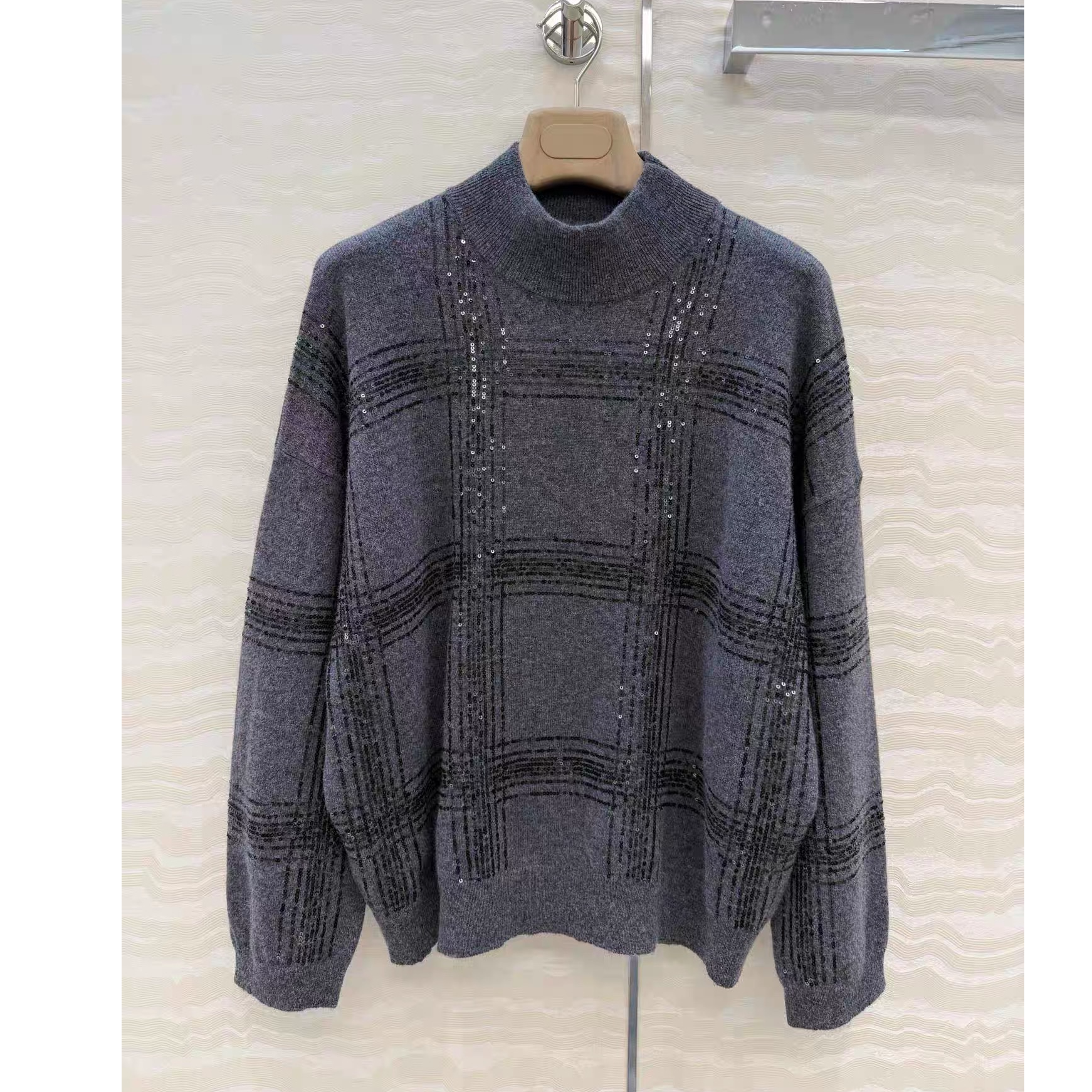 RY |B家灰色格纹亮片羊绒羊毛圆领针织毛衣