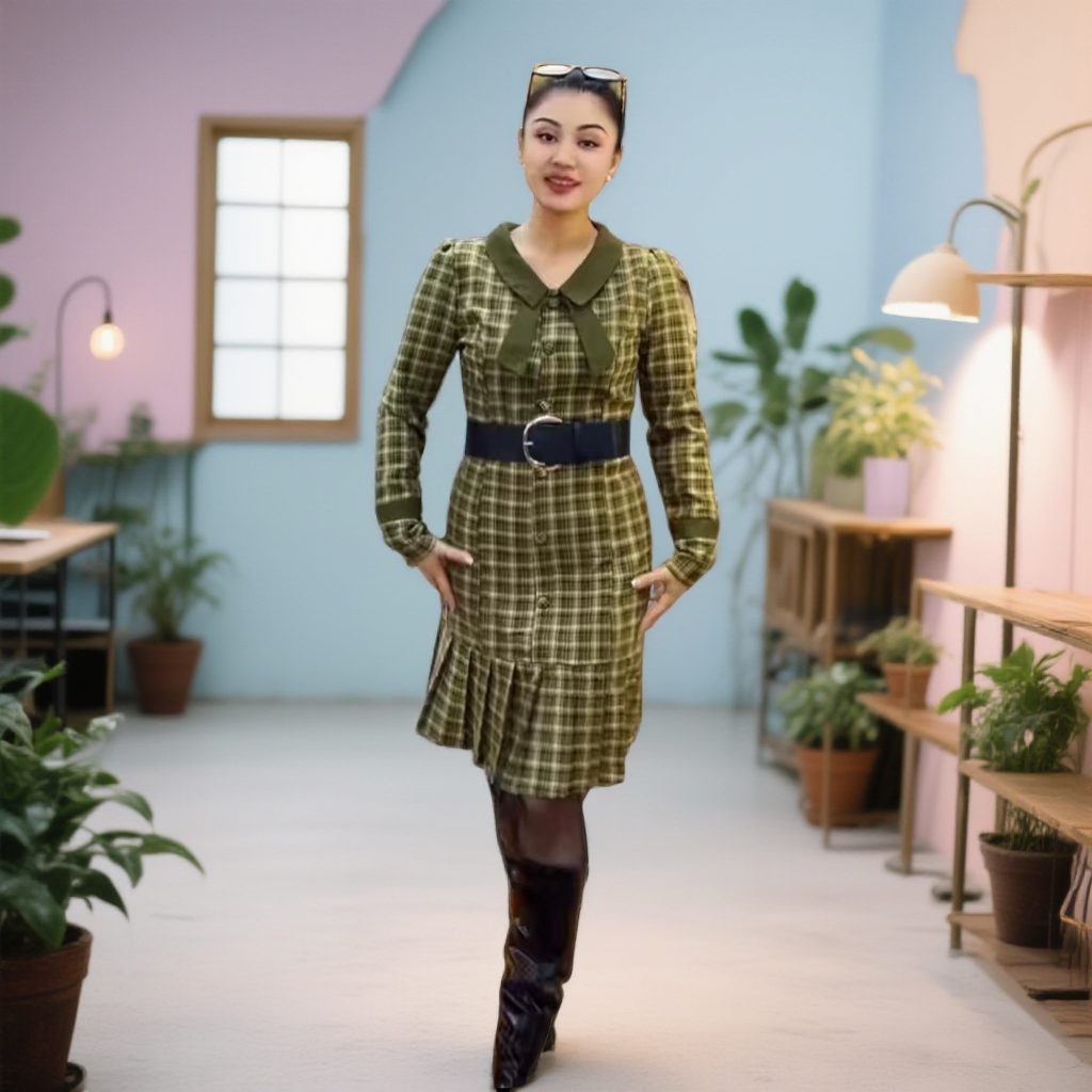 格纹 衬 衫领收腰显瘦气质百褶连衣裙格子经典修身春季复古女士