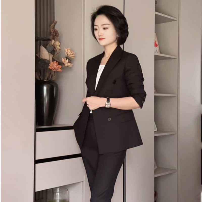 薄款黑色双排扣修身显瘦时尚职业西装套装