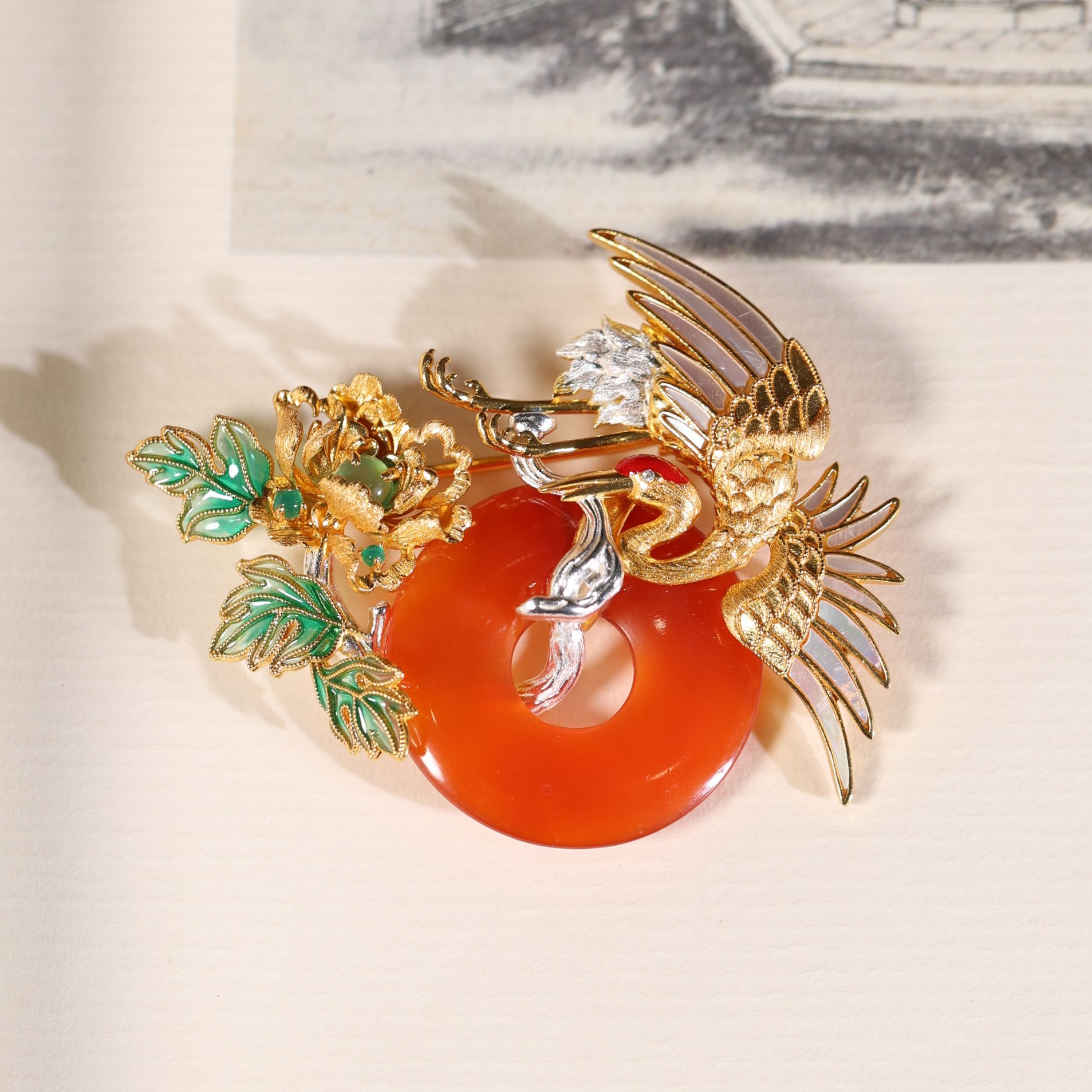 【丹鹤】原创国风新中式定制珠宝 S925银仙鹤老玛瑙吊坠胸针