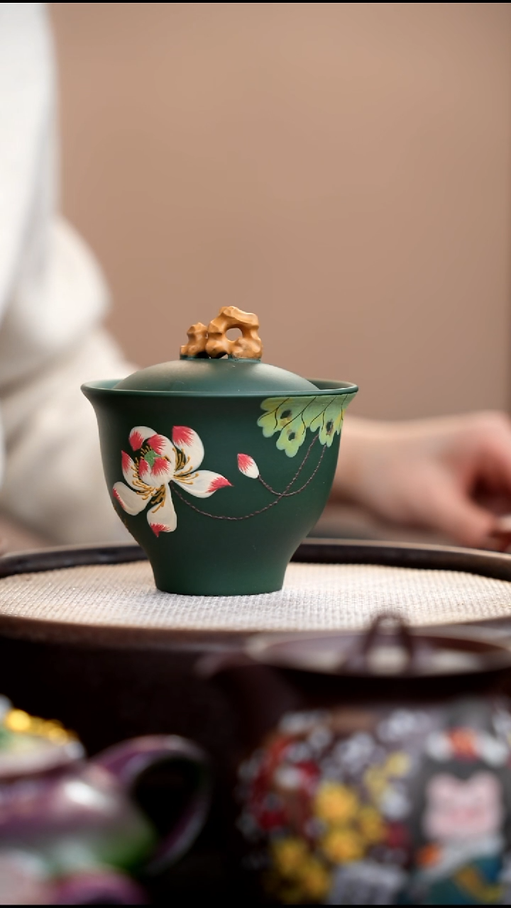 茶壶紫砂民国绿荷花盖碗太湖石