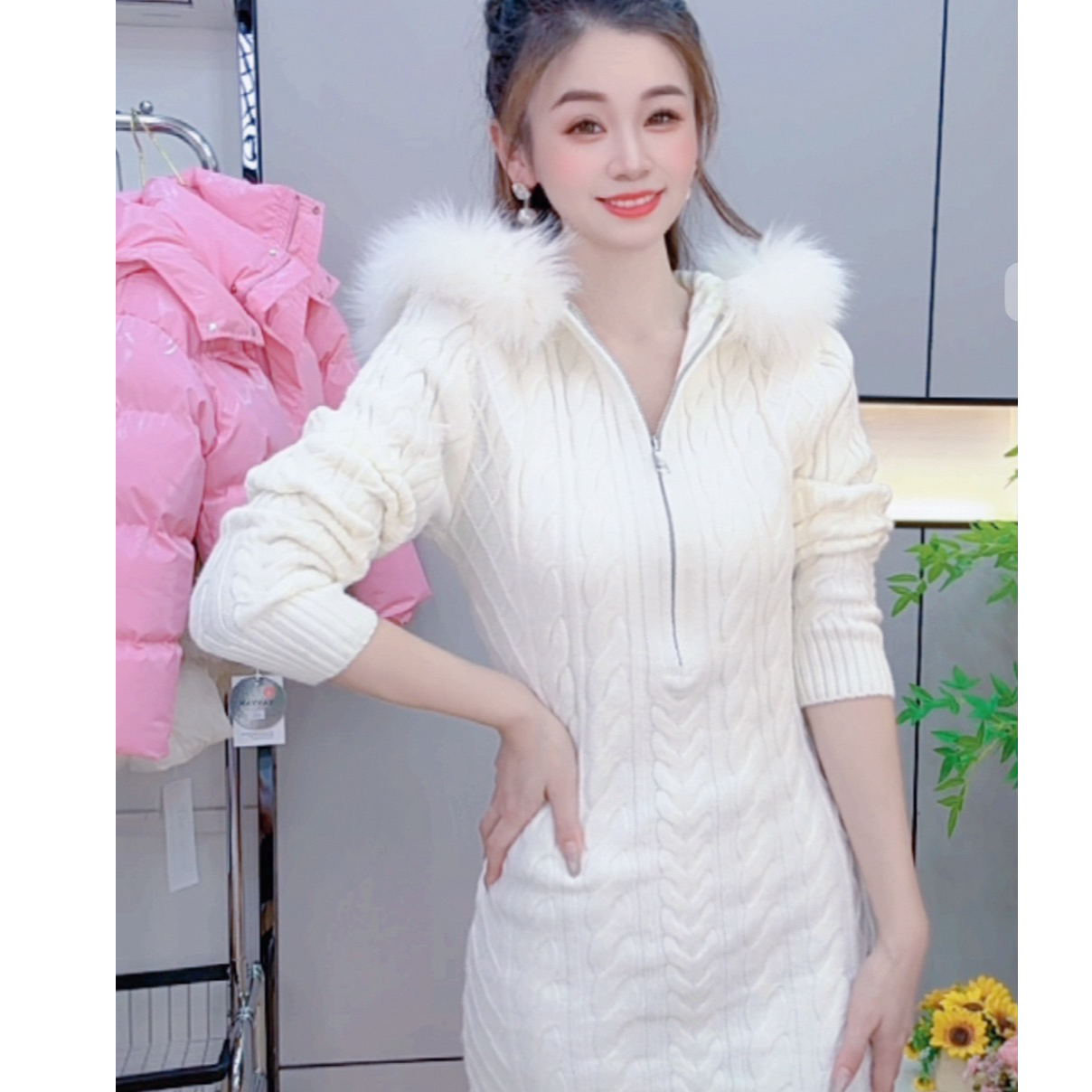 278#修身大毛领针织连衣裙