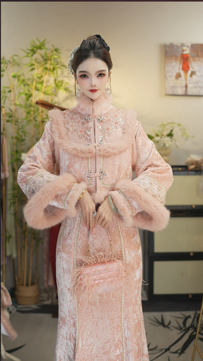 【花享悦·桃雾春烟】新款国风加绒粉色新中式马甲加裙子（5959+5969）