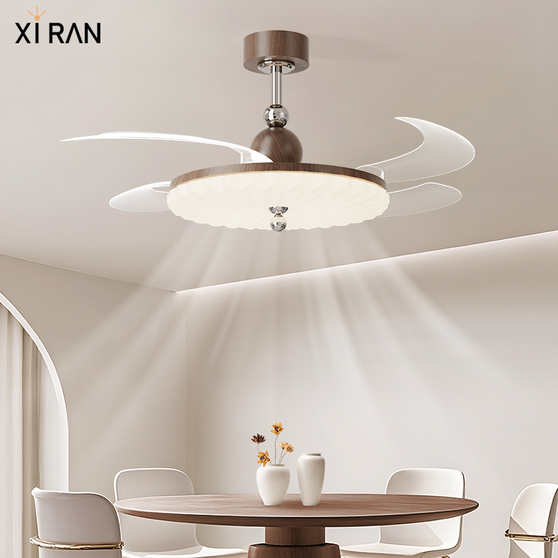 隐形风扇灯中古风餐厅吊扇灯新款复古胡桃木色极简超薄卧室电扇灯