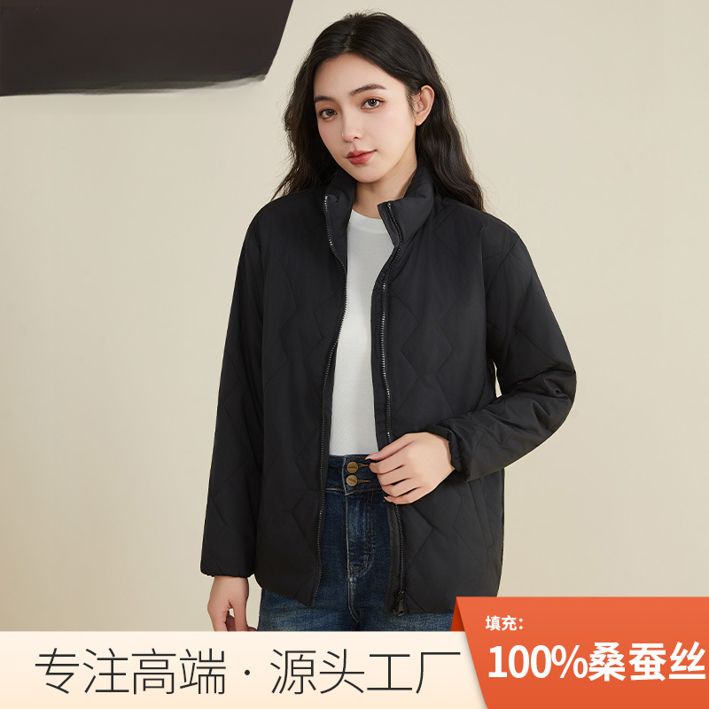 休闲真丝填充桑蚕丝外套加厚立领夹克棉衣保暖棉袄子4572女士防风