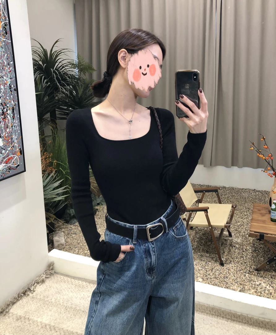 优雅线条 法式时尚气质复古方领无缝不勒肉柔糯长袖打底衫女