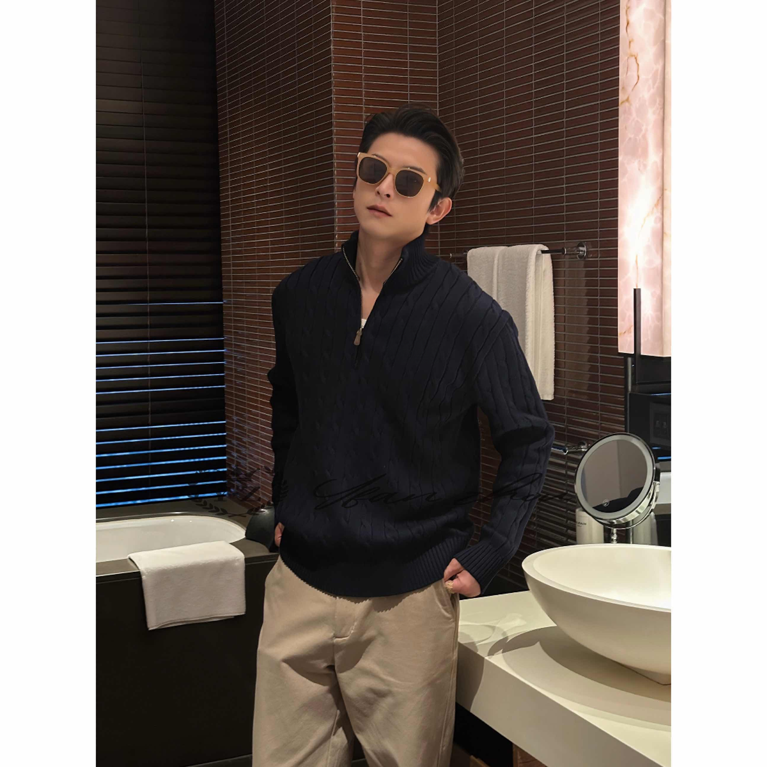 [YFan*琥珀]带刺绣海岛棉重工提花半拉链老钱风高定毛衣