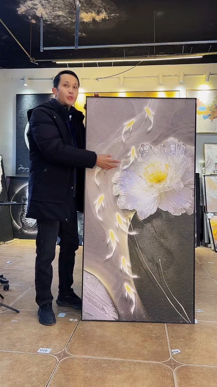 竖款九鱼图，砂岩肌理画80*160 玄关走廊