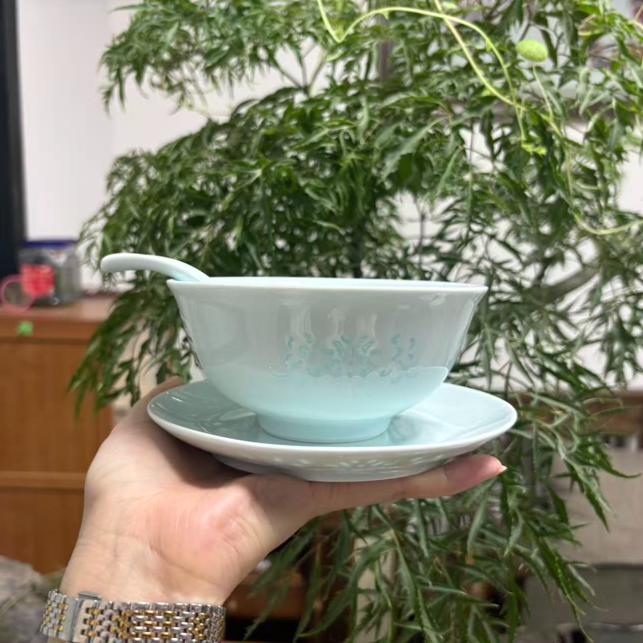 【观造集/月满玲珑间影青】景德镇餐具米饭碗骨碟盘三件套高温陶瓷