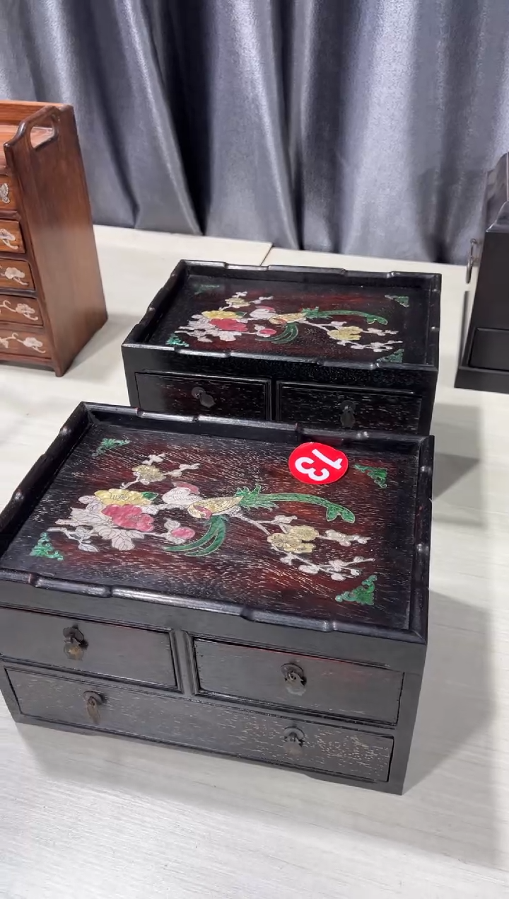 木天*健木非洲紫檀螺钿镶嵌都成盒储物盒一对