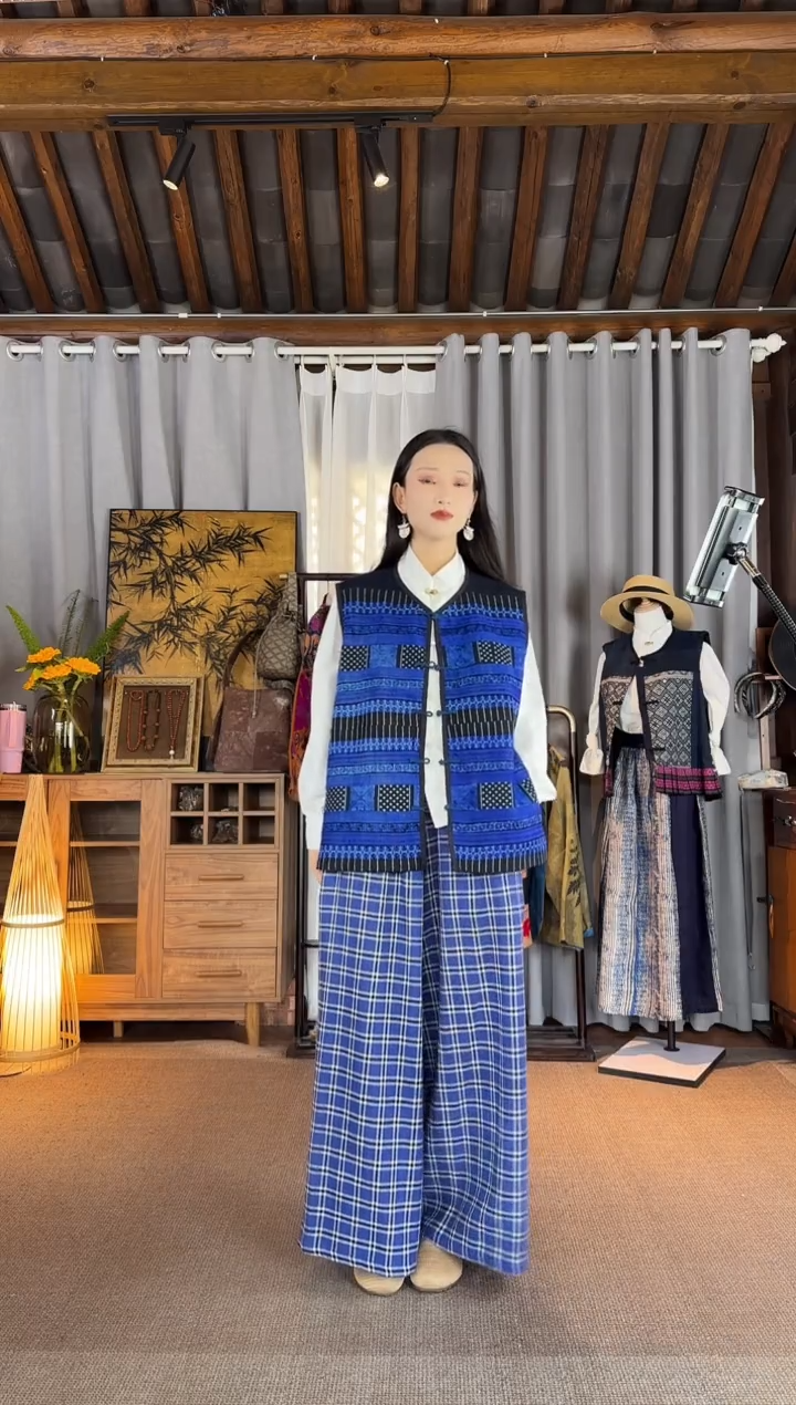 设计师款蓝格子阔腿裤