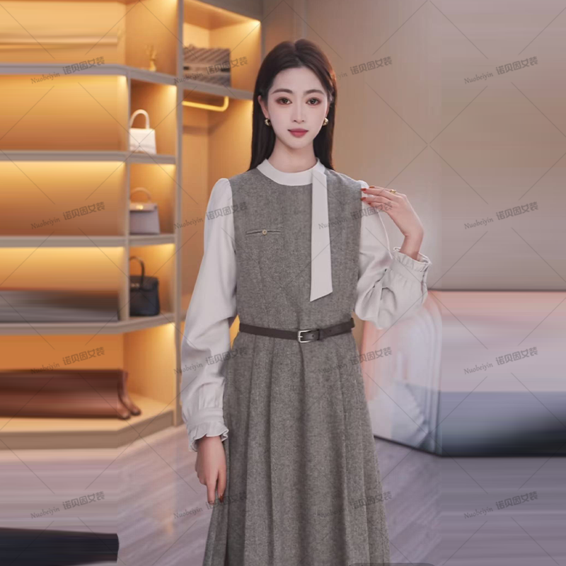 nuobeiyin/诺贝因冬季新款收腰显瘦假两件气质连衣裙子NTS683348
