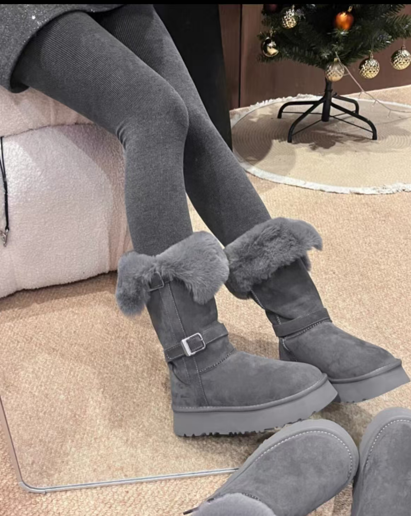 【河南桑坡6】桑坡雪地靴女冬新款高筒骑士靴羊皮毛一体