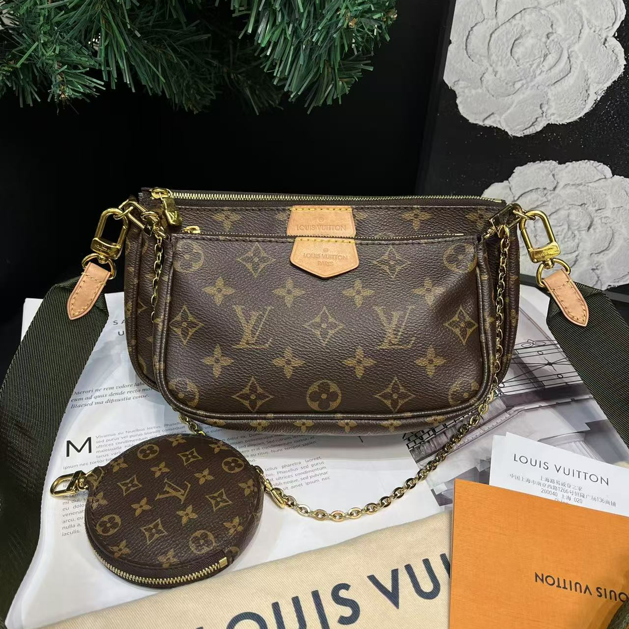 95新 LouisVuitton/路易威登 老花绿肩带五合一20年B1063