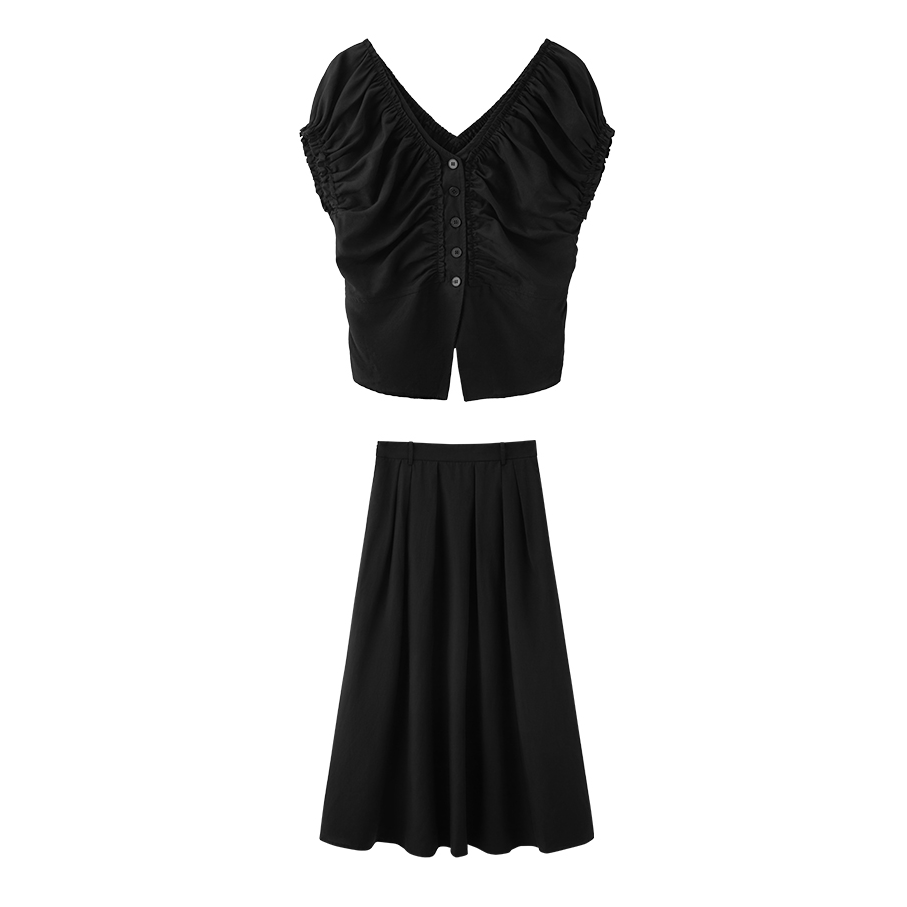 TKYSHOP春夏衬衫半裙套装简约无袖上衣+中长裙两件套10G1LO02Z341