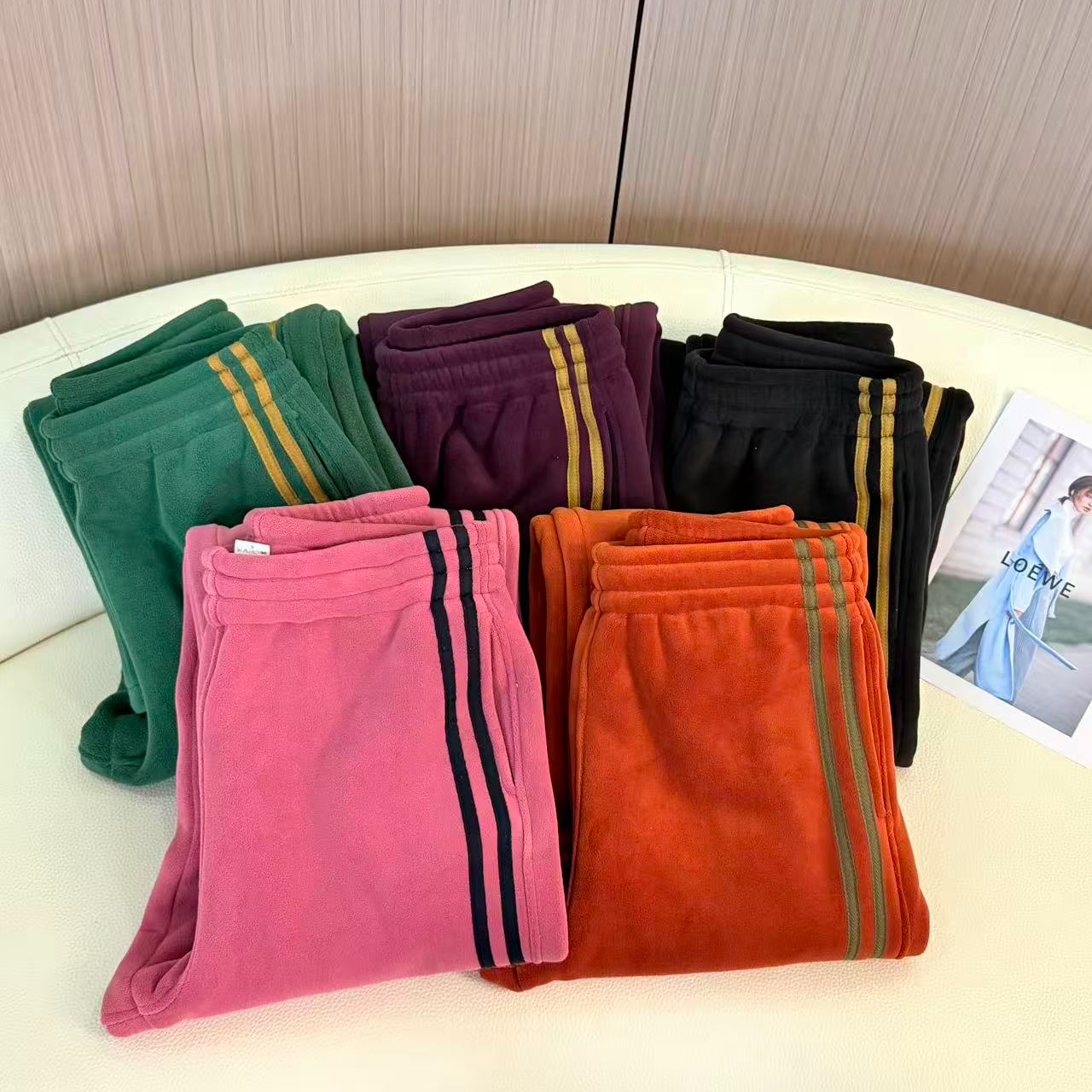 保暖休闲百搭松紧腰直筒裤2025新款冬摇粒绒条纹加绒显瘦阔腿裤