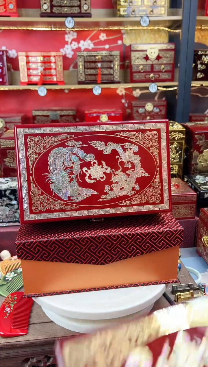 24厘米新款双层螺钿镶嵌酒红龙凤呈祥