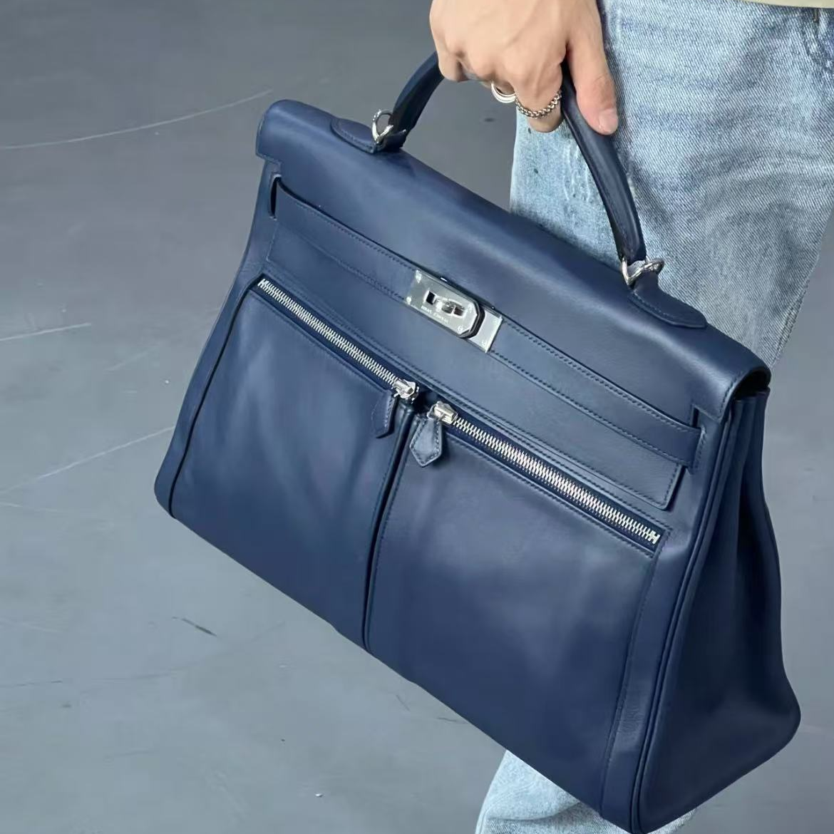 95新 Hermes/爱马仕 lakis40 普鲁士蓝 银扣 框O刻/手提包