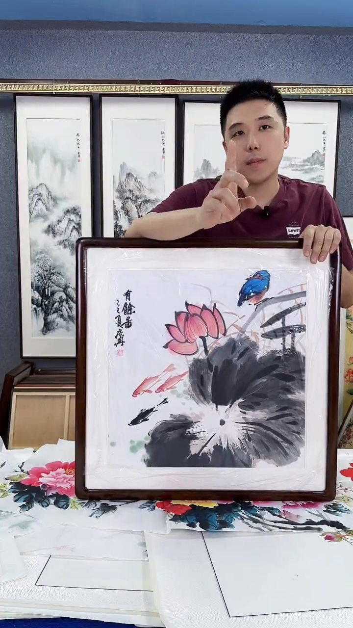 国画实木装裱 荷花 60*60