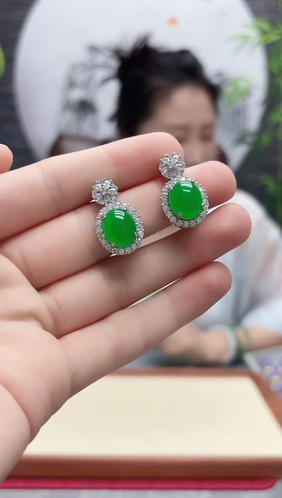 翡翠银S925镶嵌耳饰A33编号鸽子蛋耳坠