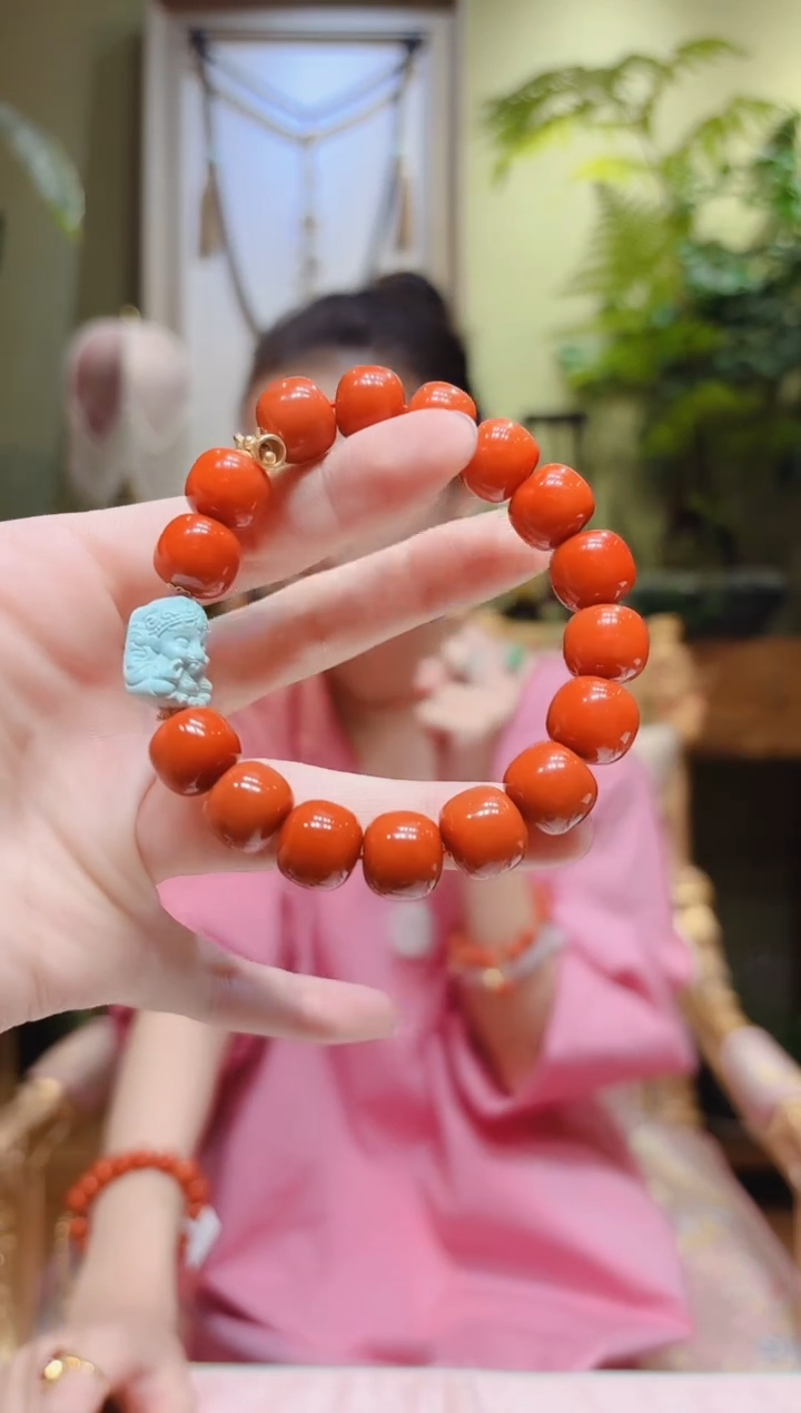 【闪购商品】南红玛瑙手串18K金镶嵌绿松象降魔铃老型南红手串