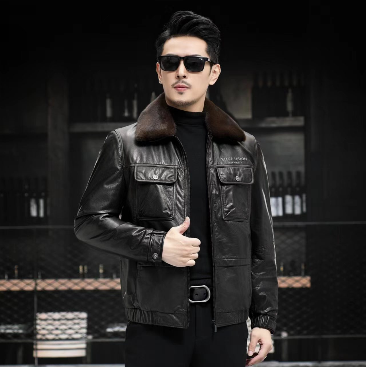 2308冬季商务休闲海宁真皮保暖皮夹克牛皮外套男士加绒翻领