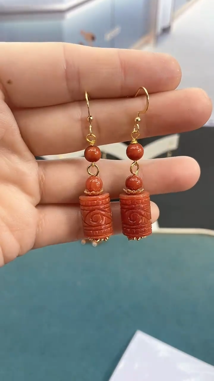 银S925镶嵌翡翠耳饰红色路路通耳钩