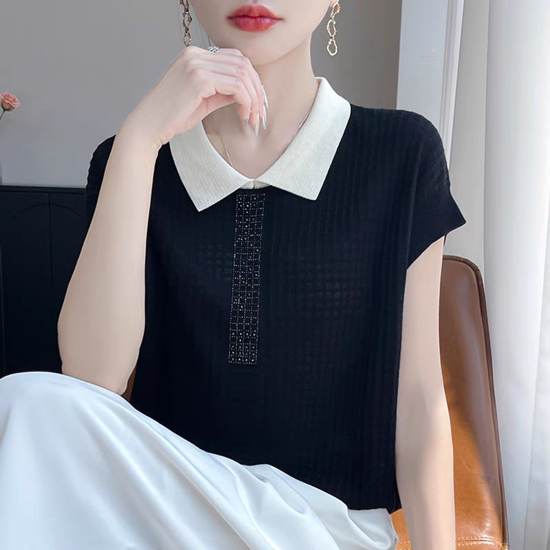 /华夫格黑/ tt小飞袖时尚宽松针织女装上衣纯色圆领夏季短袖女士