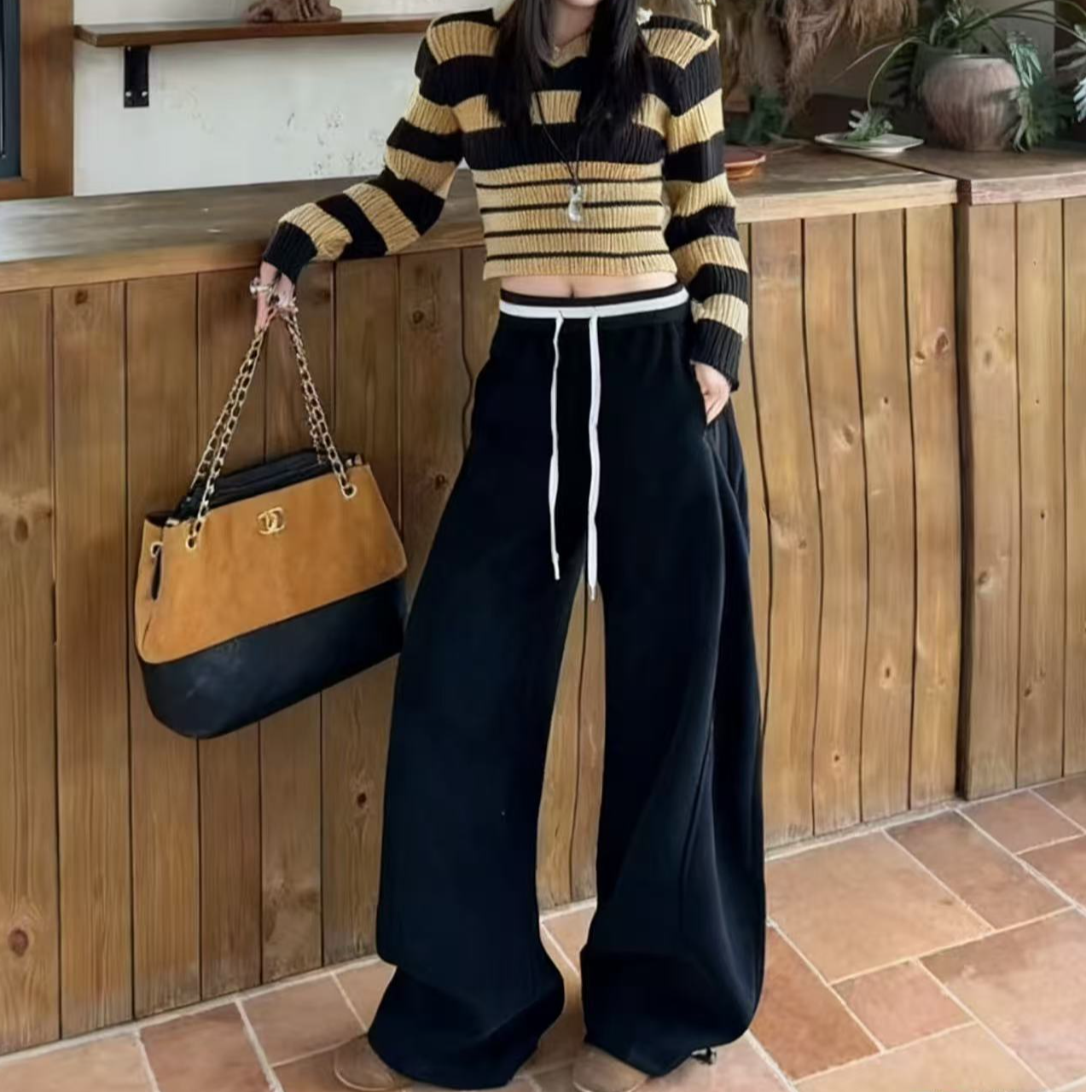 高腰显瘦藏青加绒弯刀卫裤（裤长102左右）