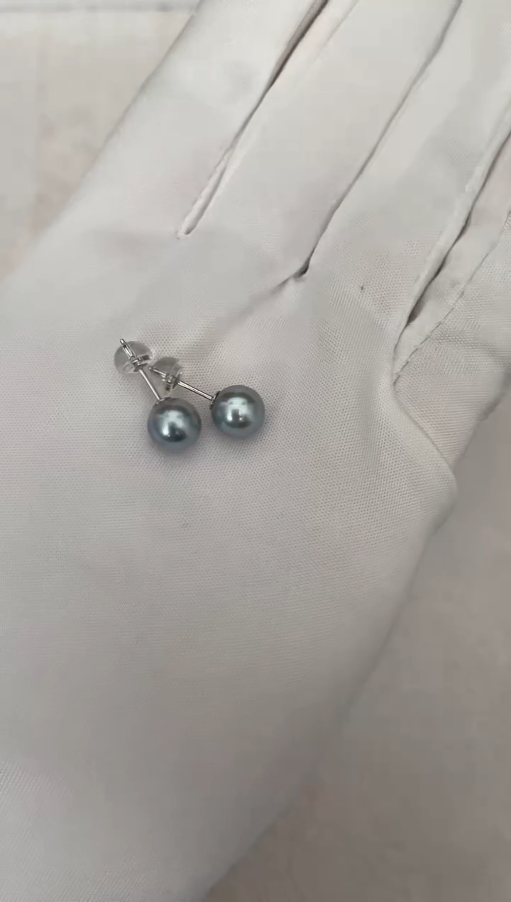 银S925镶嵌海水珍珠耳钉AK真多麻素钉7.5-8mm