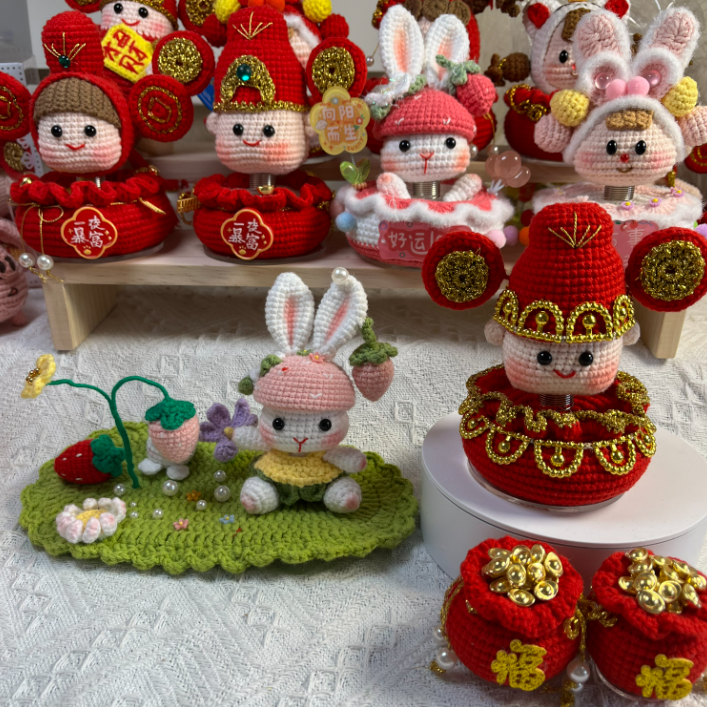 摇摇乐双面财神钩织车载摆件手工钩织教程合集