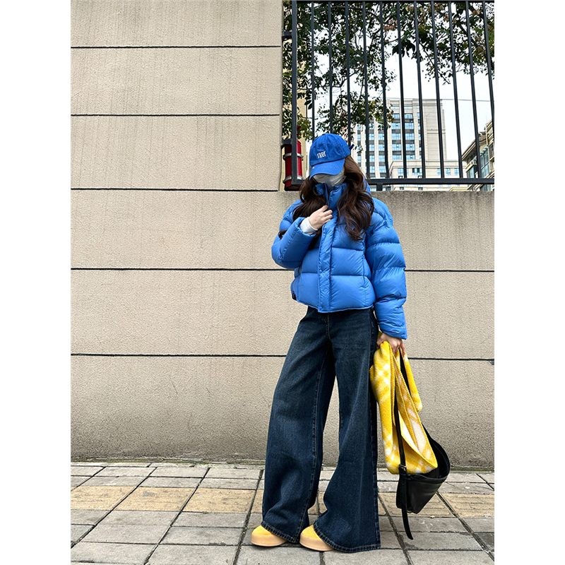 韩系蓝色棉服女短款小个子冬加厚宽松棉衣袄面包服外套连帽百搭女